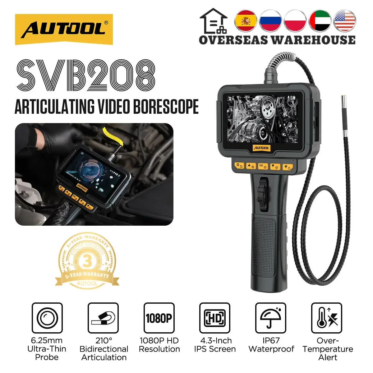 Steering Endoscope Camera AUTOOL SVB208 Automotive Industrial Endoscope with 6pc Light 6.25MM IPS Car Repair Endoscope Inspection Camera for IMG & Video