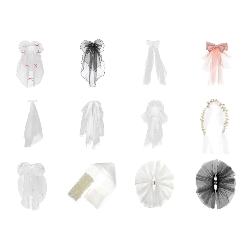 Wedding Veil Pearls Ribbon Short Veil Bride Hair Accessoies White Sheer Veil