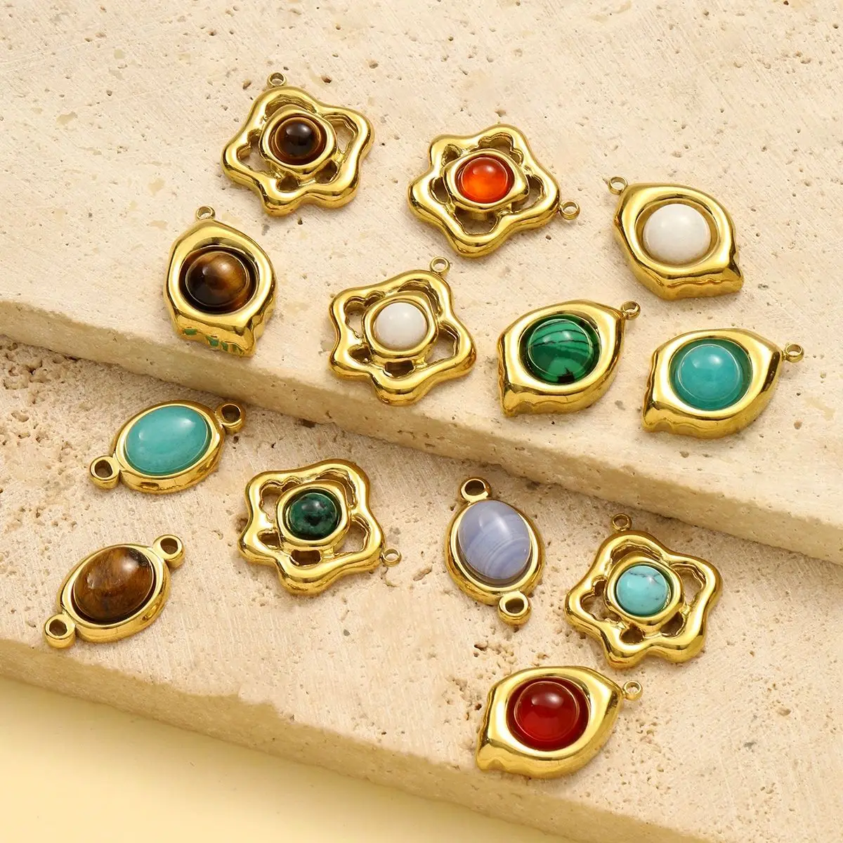 

3Pcs/Lot Stainless Steel Natural Stone Charms Flower Oval Pendants For DIY Making Earrings Necklace Jewelry Accessory Wholesale
