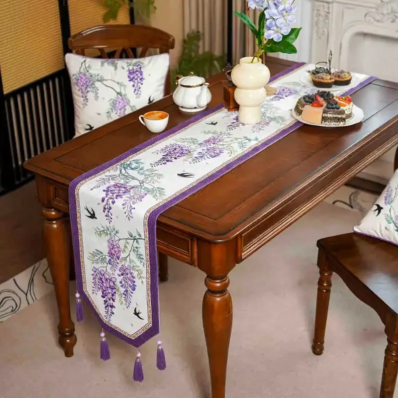 French Vintage Table Runner Diningtable Decorative Simple Cover Wisteria Flower Long Teatable Cloth Elegant Purple Tablerunner