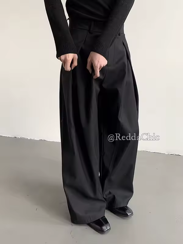REDDACHiC Men's Pleated Front Wide Leg Pants Cleanfit Black Solid Low Waist Dressy Trousers Unisex Office Work Casual Clothes - Image 3