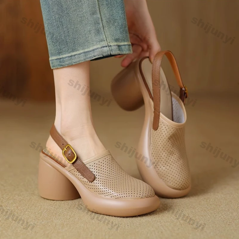 Women Vintage Hollow Chunky Platform Sandals Summer New Soft Thick Sole Buckle Shoes Woman Fashion Non-Slip Beach Slides Sandals