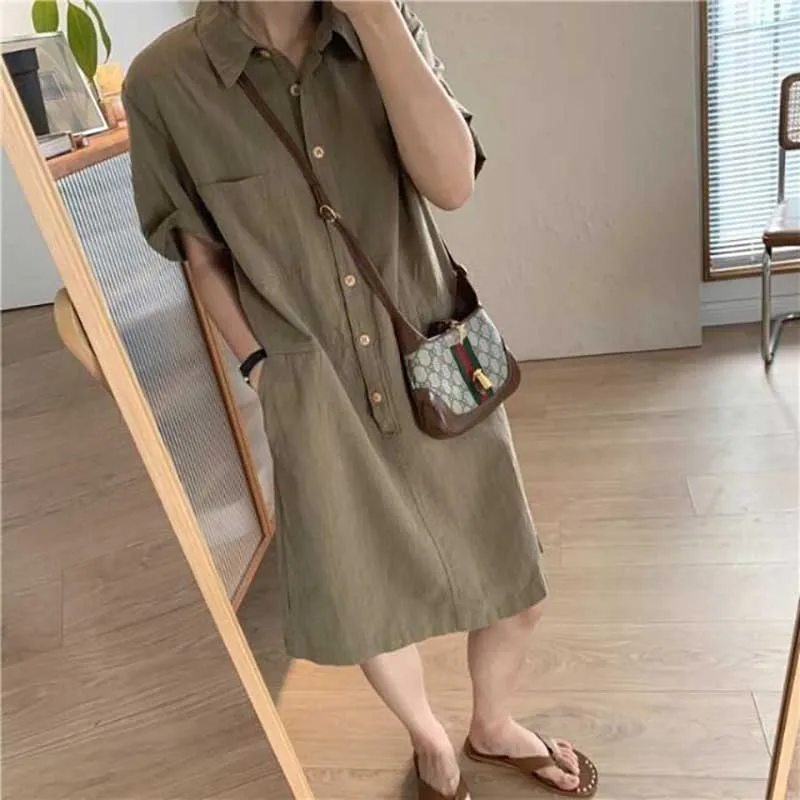 Mode Revers Knopf Taschen einfarbig Freizeit kleider Damen bekleidung Frühling Sommer neue übergroße All-Match-Midi-Kleid