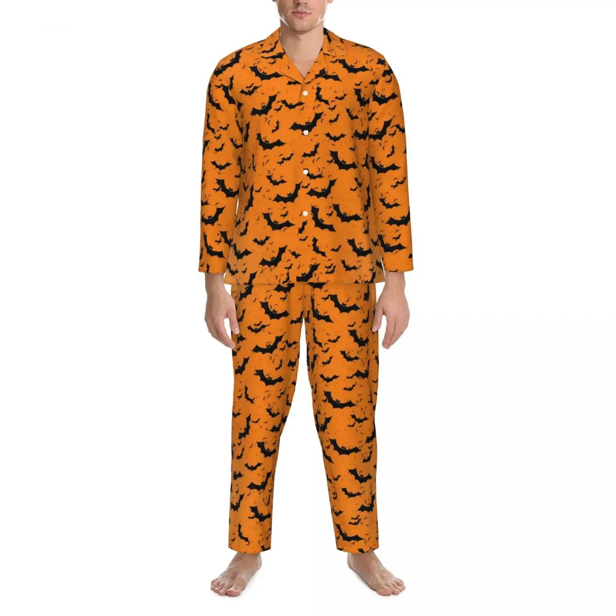 Halloween Bat Pajamas Male Orange And Black Kawaii Sleep Sleepwear Autumn Two Piece Casual Oversize Graphic Pajama Sets