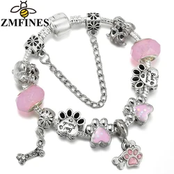 Pink Cartoon Snake Chain Charm Bracelet For Women With Dog Paw DIY Charms Beads Pendants High-Quality Jewelry Dropshipping