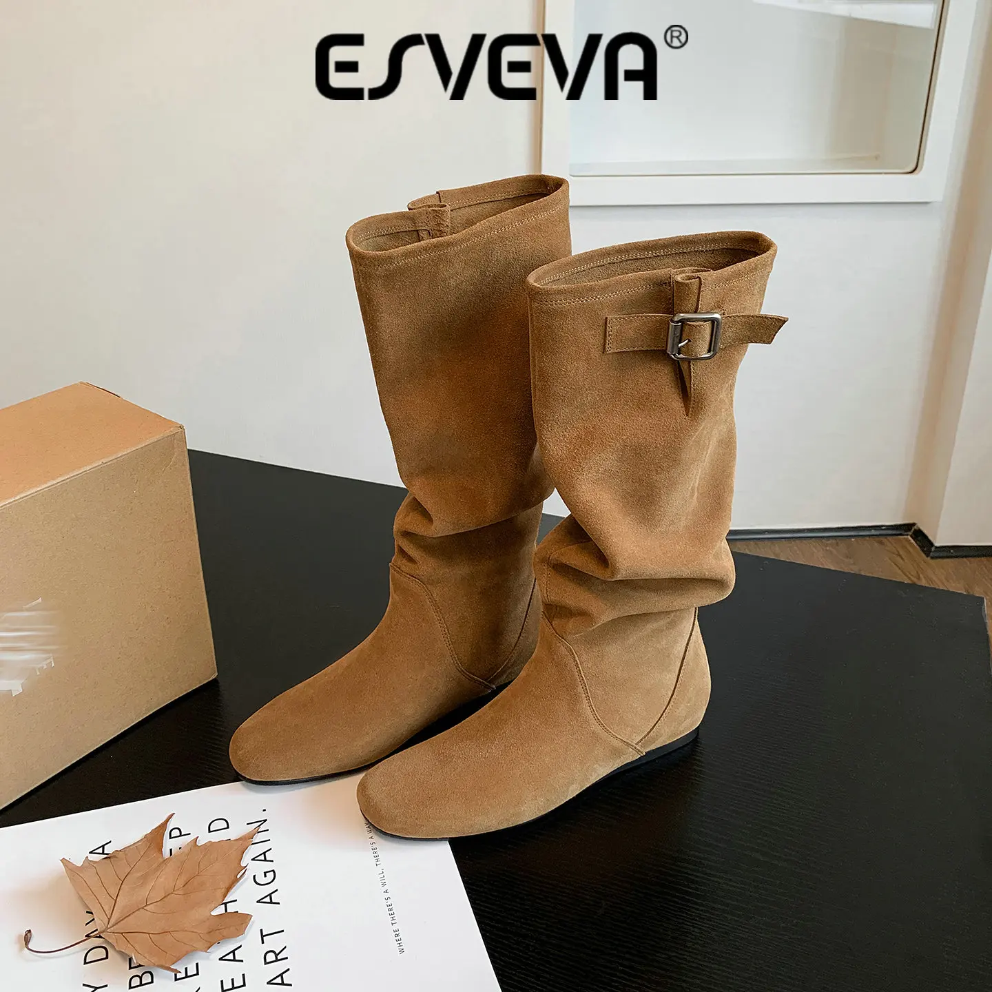 ESVEVA 2027 Fashion Cow Suede Women Knee High Boots Leather Winter Woman Shoes Flats Heels Autumn Wrinkle Long Boots 34-41