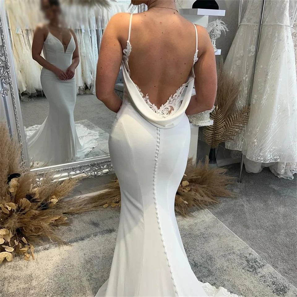 Sexy Deep V-Neck Spaghetti Strap Backless Lace Satin Wedding Dress 2024 Button Mermaid Court Train Floor Length Bridal Gown