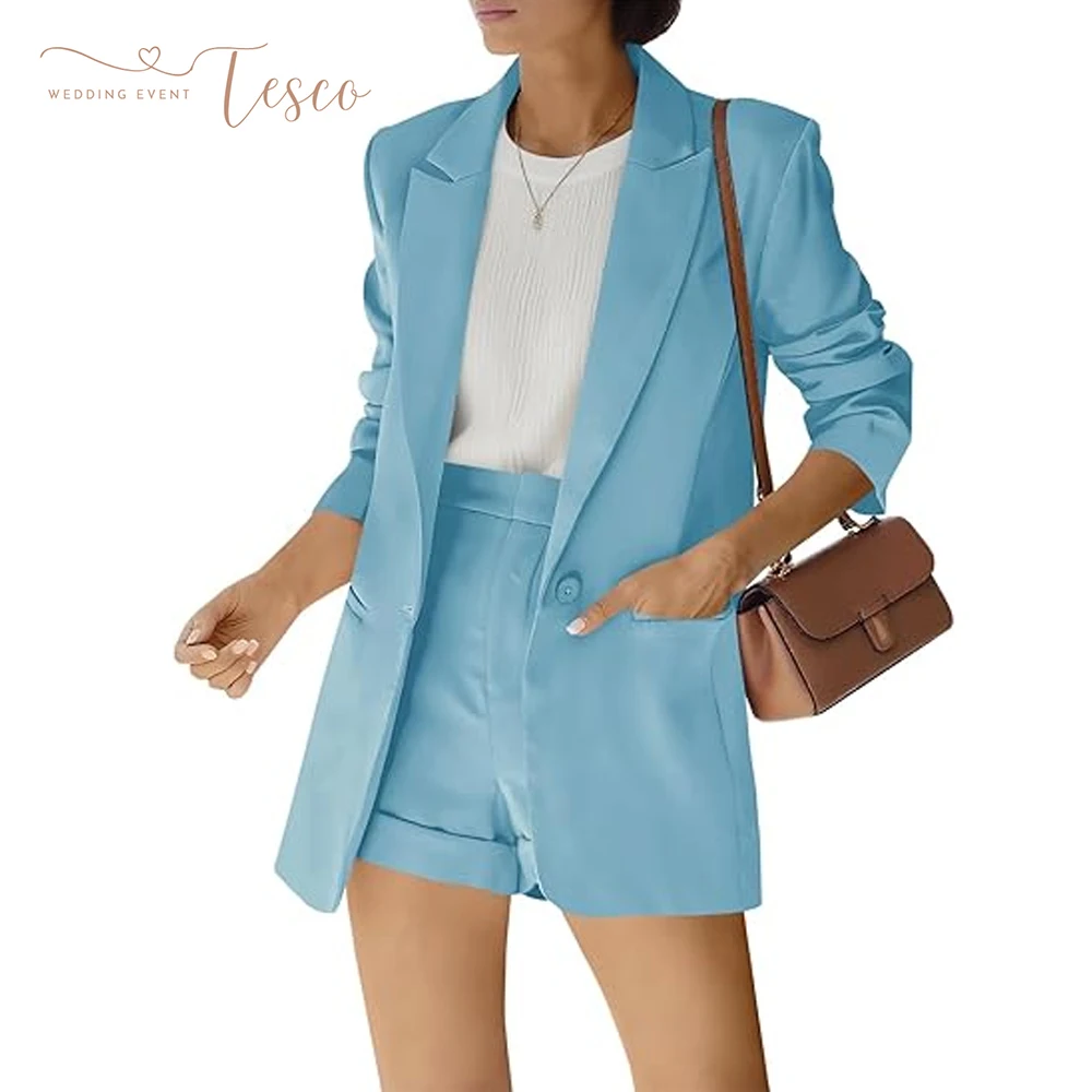 Customized Elegant Women's Set 2 Pieces Suit Jacket and Pants Set Open Front Long Sleeve Blazer and Solid Shorts