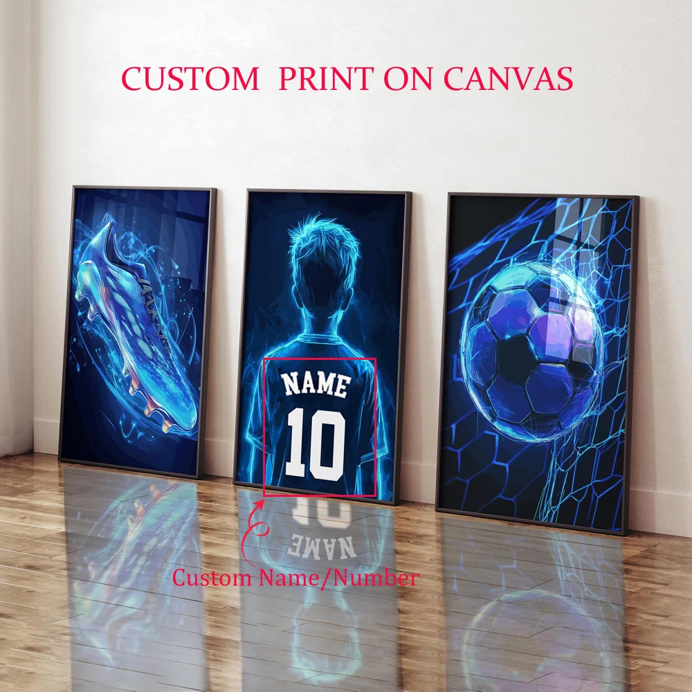 3pcs/set Personalized Football Custom Name & Number Canvas Prints Vibrant Football Boots Sports Wall Art Posters for Home Decor