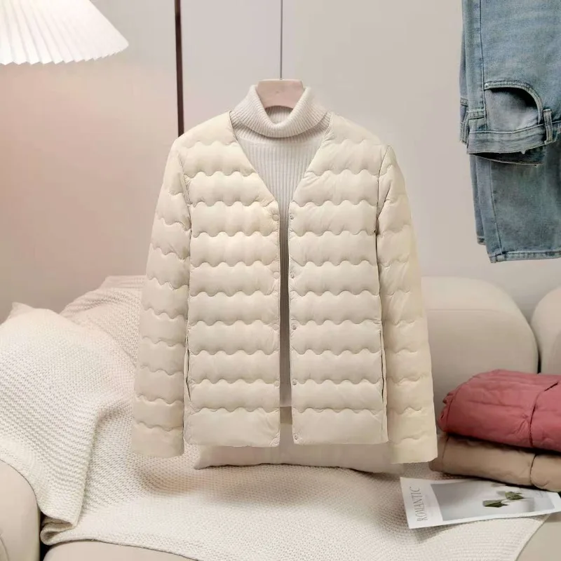 여성용 가을/겨울 경량 다운 재킷용 내피 - 반팔, 라운드 넥, 몸에 꼭 맞는 디자인, 칼라 없음