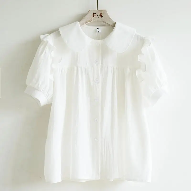 

Sweet Pleated Loose White Blouse Spring Summer New Long Sleeve Solid Color All-match Shirt Tops Fashion Harajuku Women Clothing