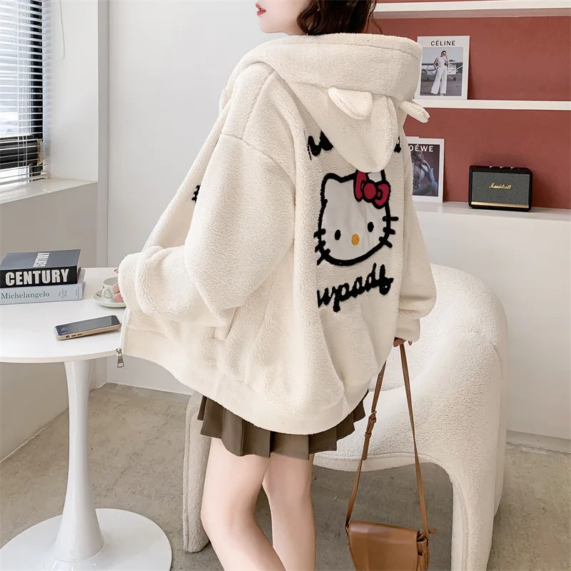 Hello Kitty 2024 New Plush Jacket Women Kawaii Winter Loose Long Sleeve Cardigan Coat Girls Casual Soft Warm Thick Hoodies Gifts