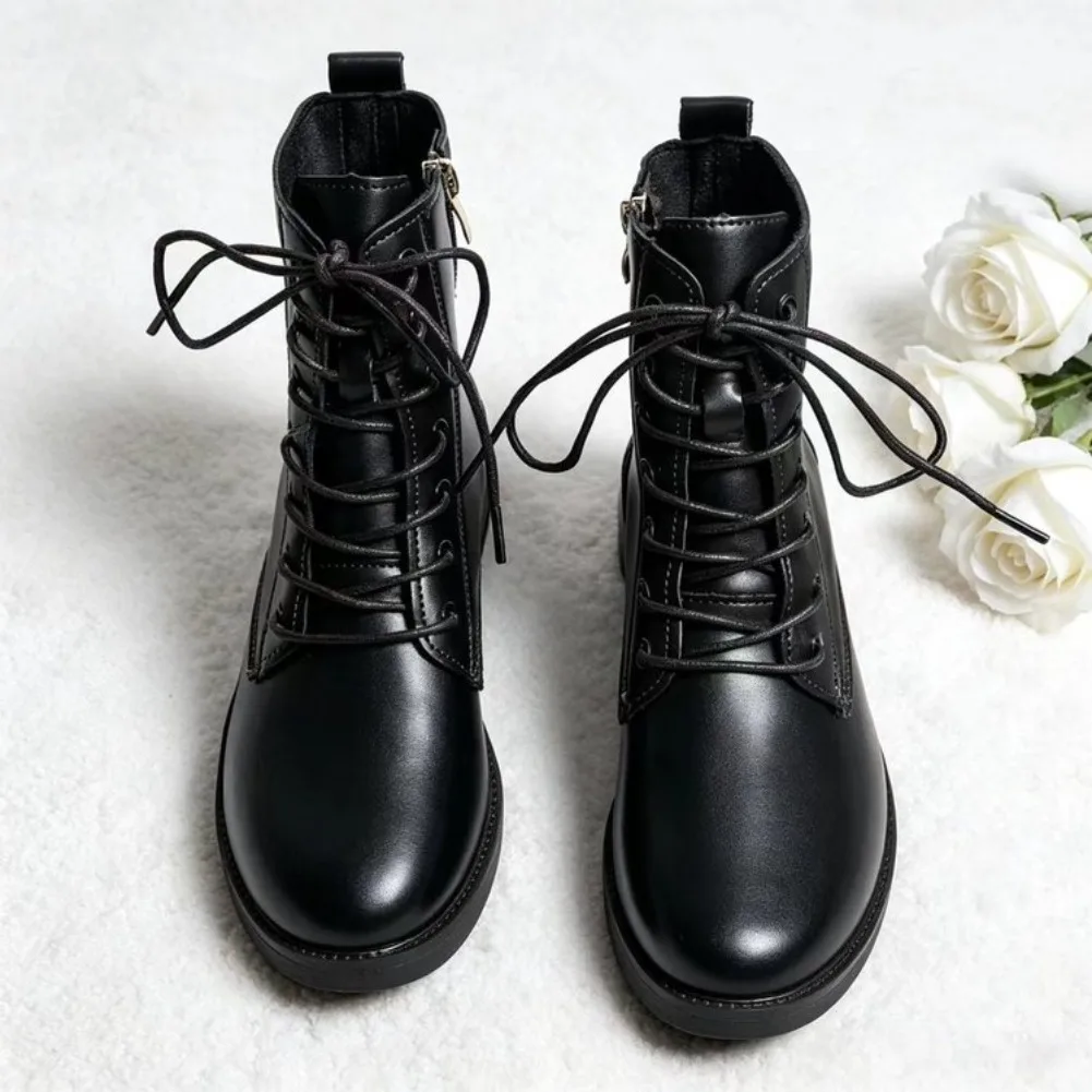 Damen Mode-Stiefeletten mit Rundem Zeh, Niedrigem Absatz, Rutschfest, Bequem, Ganzjährig Tragbare Damenschuhe, Glatte PU-Kampfstiefel – Detail 8