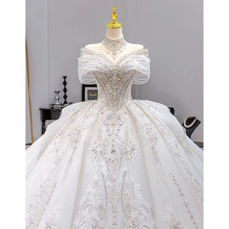 

Off-shoulder French Wedding 2024 New Style Bride Textured Long Main Gown Escaping Princess Dress For Women Floor-length Style