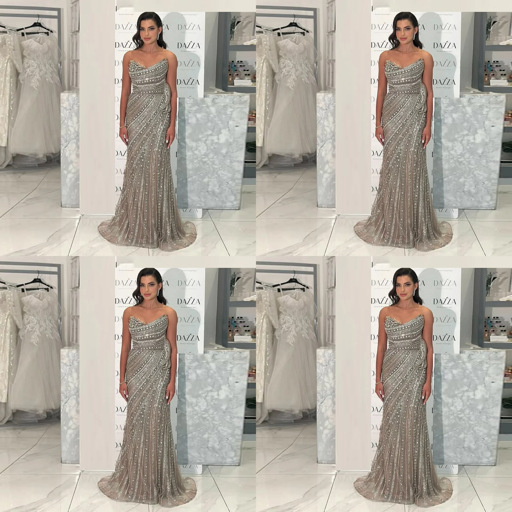 

Glamorous Strapless Beaded Crystal Evening Gown for Women Sheath Long Backless Saudi Dress with Court Custom Made