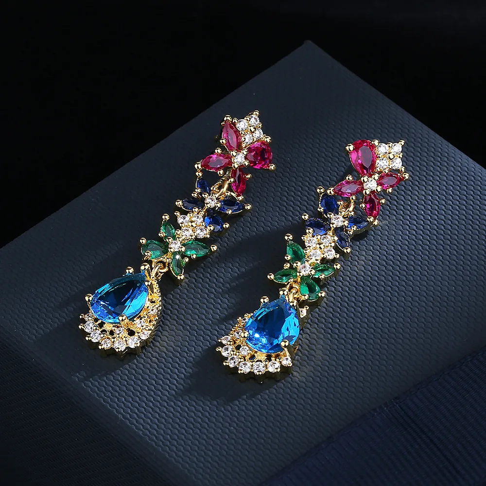 Retro color zircon earrings 925 silver new trendy design sense high-end temperament palace earrings women's party jewelry Gift