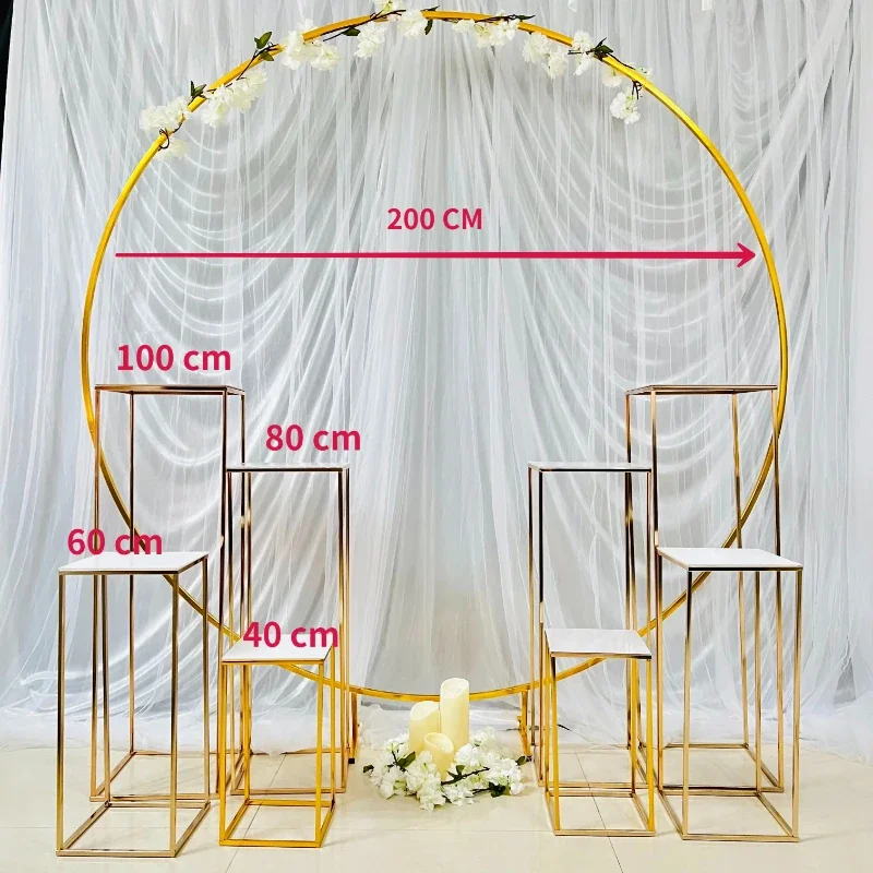 Brilhante Ouro Plinto Mesa Com Acrílico Bandejas Círculo Flor Arco Casamento Backdrops Floral Display Billboard Display Balão Rack