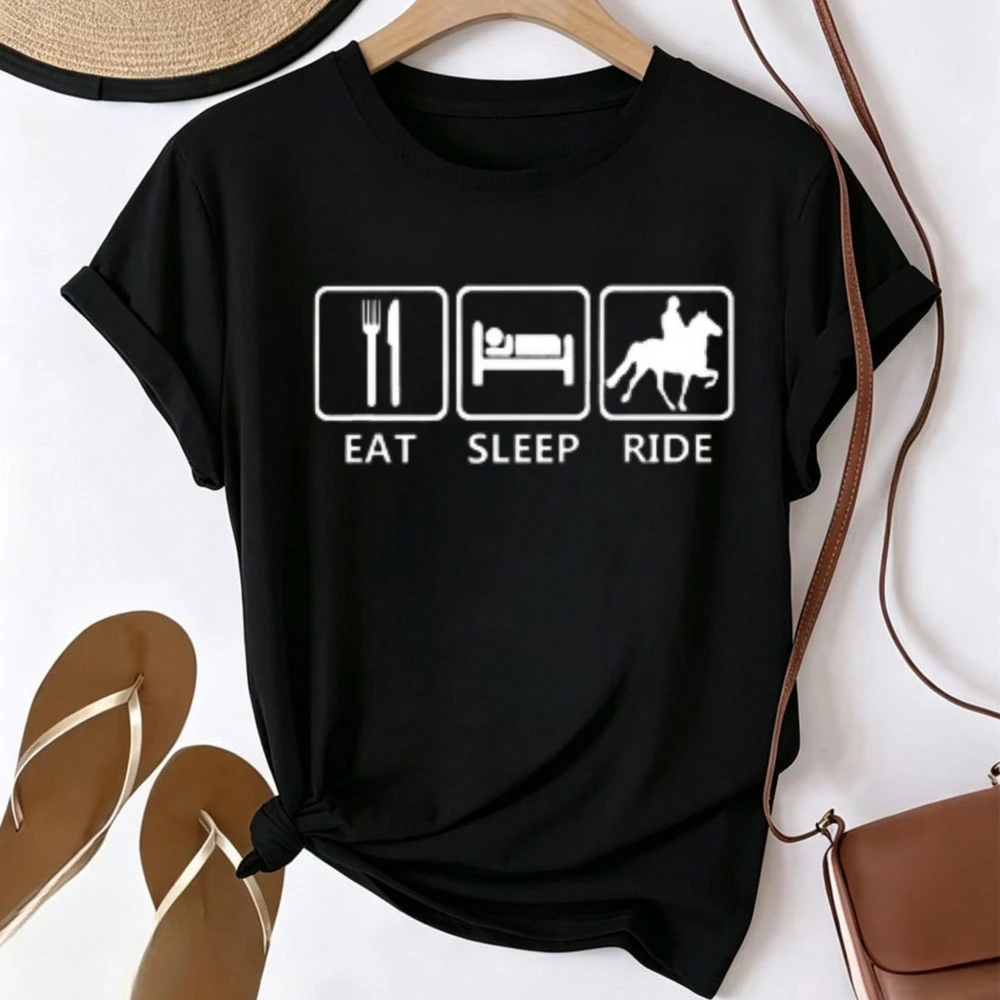Eat Sleep Ride Horse Rider Graphic T-shirt Men Women Horse Riding Lover Icon Letter Print Short Sleeve Tee Crew Neck Casual Tops