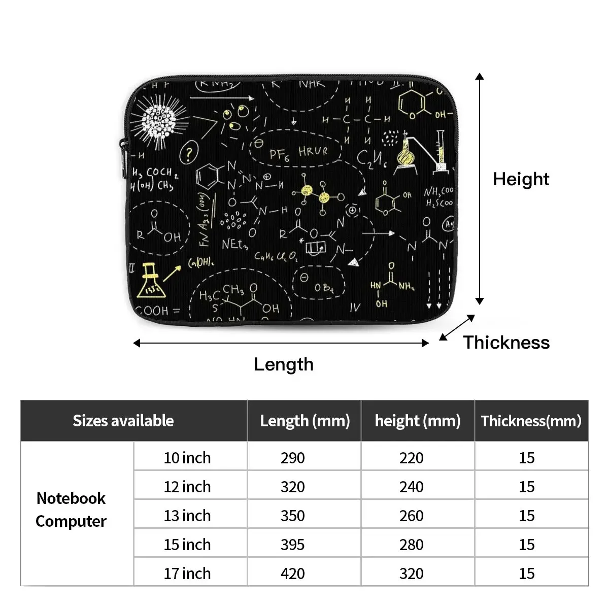 Science de la chimie à l'école, tableau noir pour ordinateur, ipad, housse pour ordinateur portable, housse pour ordinateur portable, sac à manches, poudres