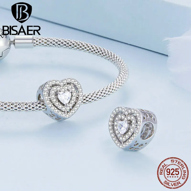 BISAER 925 Sterling Silver Pavé Setting Zircon Charm Bead Plated Platinum for Wedding Women DIY Bracelet Necklace Fine Jewelry