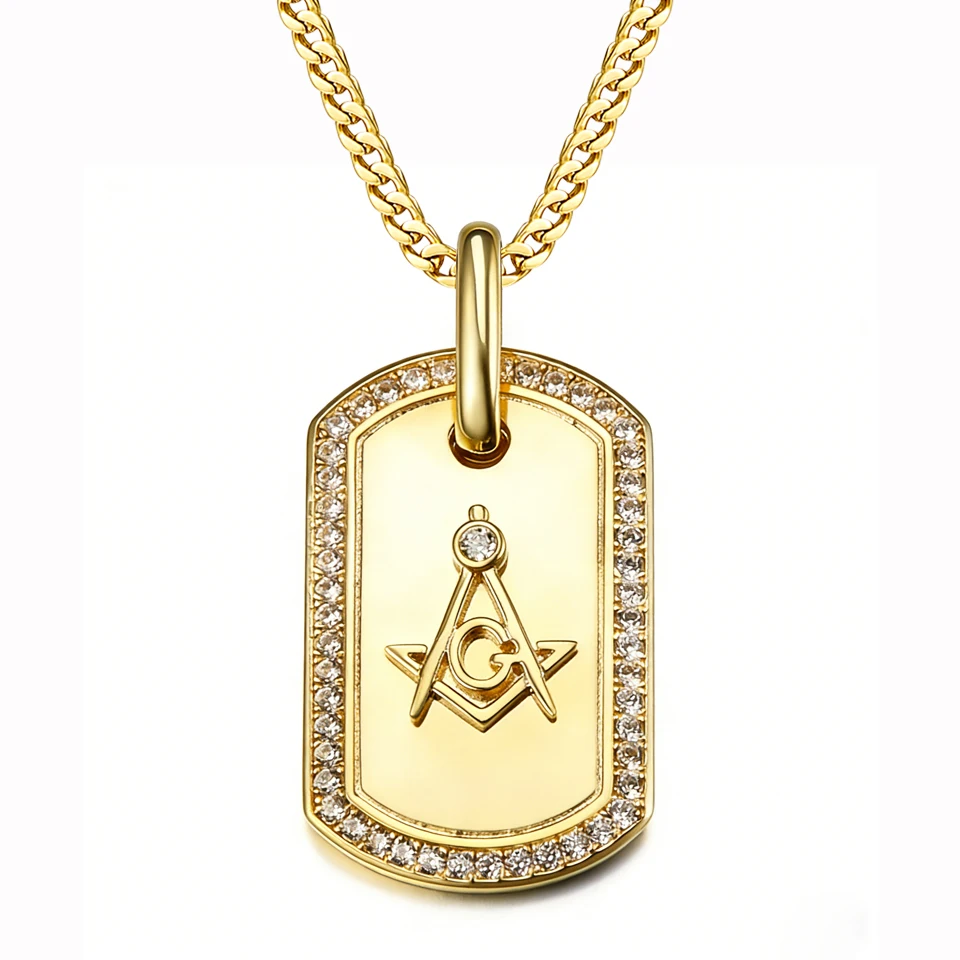 

VANAXIN Men's Punk Street Style Square Freemason Pendant Necklace for Women Men Gold Color Cubic Zirconia Jewelry