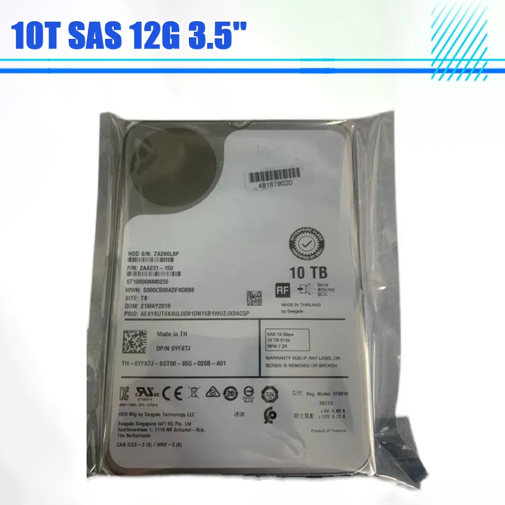 For Dell 10T SAS 12G 3.5'' HDD YF87J ST10000NM0256 Server Hard Drive