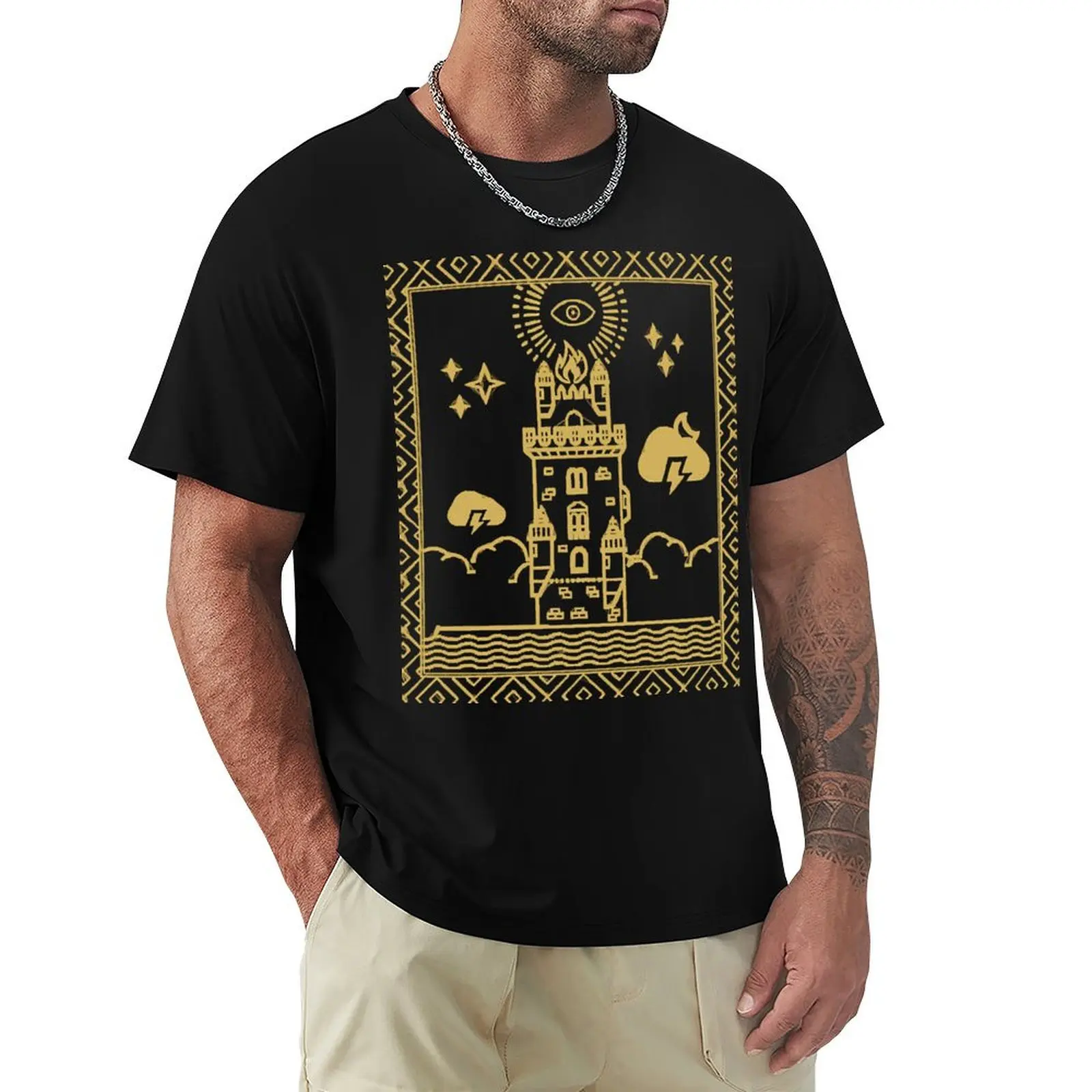 

Tarot Card - The Tower - Gold T-Shirt graphics funny costumes man t shirt heavyweight t shirts for men