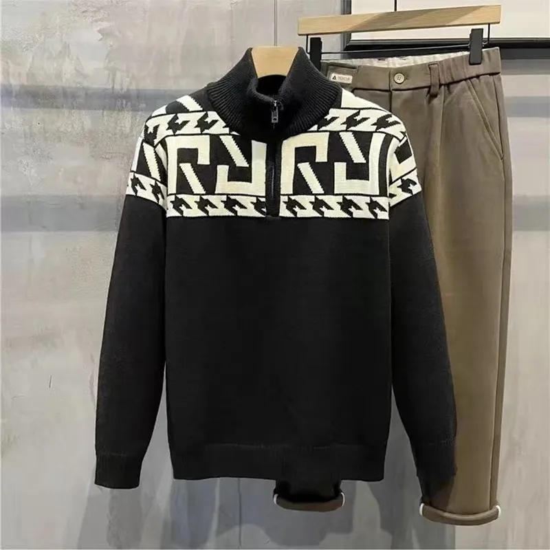 Fashion Jacquard Bottom Knitwear Winter Men's Golf Wear Clothing High collar Sweater Outdoors Men Sport Base Shirt Jumper 골프웨어