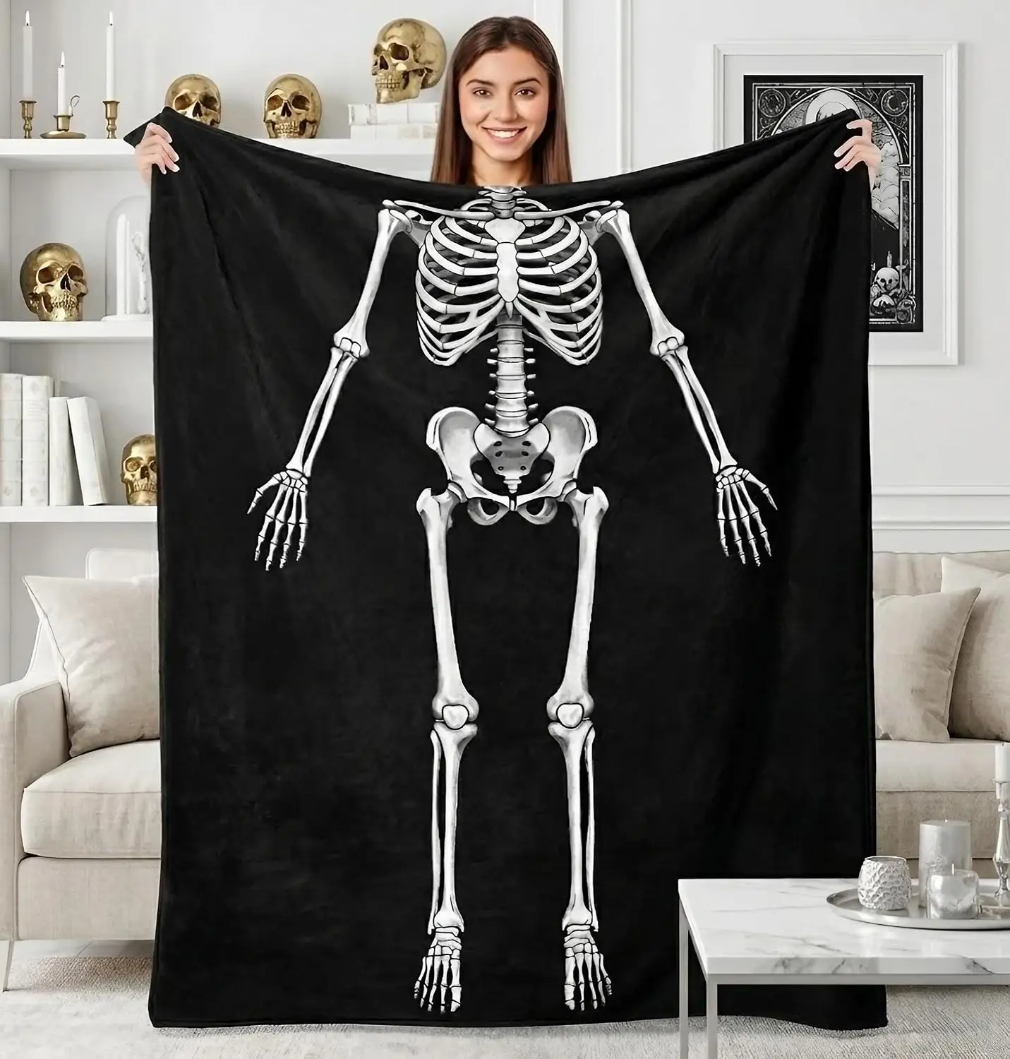 Funny Human Skeleton Throw Blanket Black And White Bones Design Gag Gift For Adults Home Decor