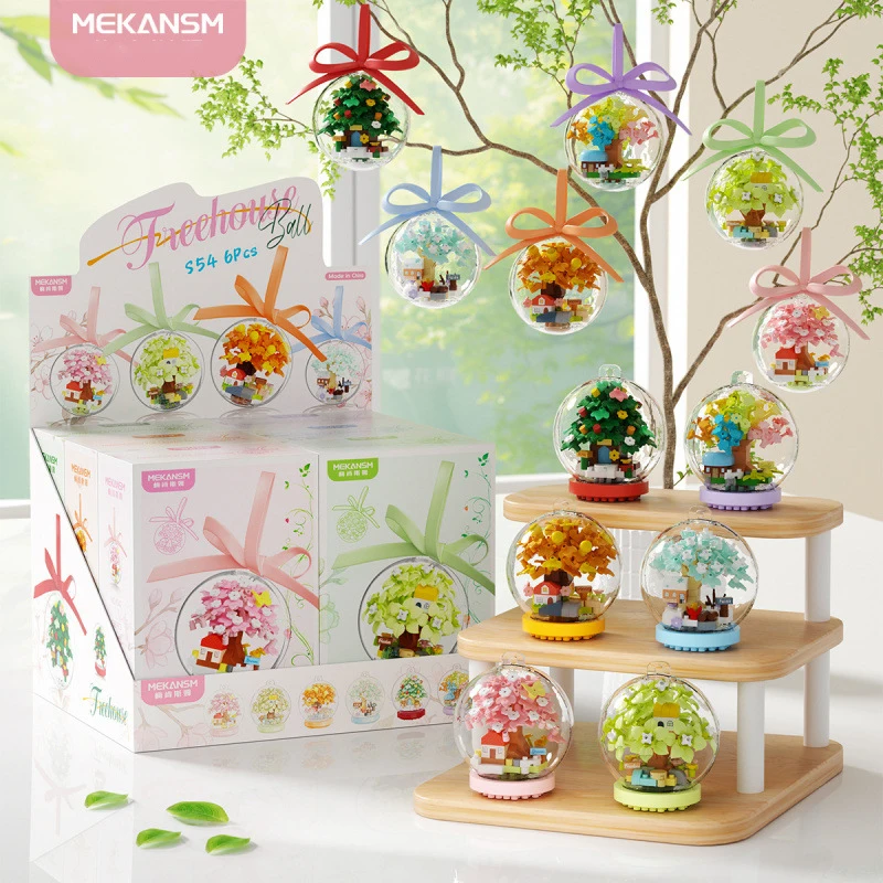 Time Spinning House Street Scene Building Block Cherry Blossom Tree Crystal Ball, Kids' Educational Assembly Toy