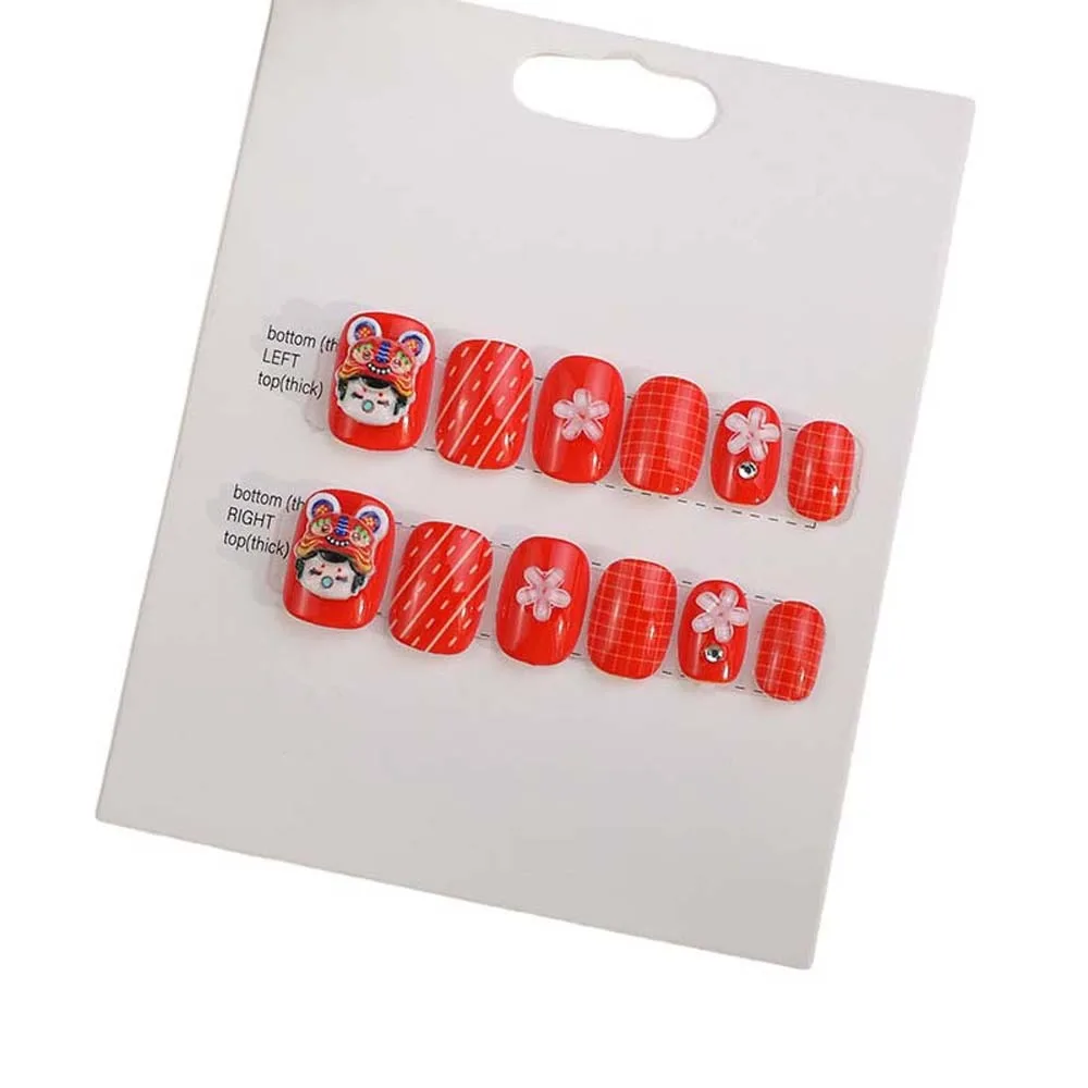 12Pcs/set Lion Dance Children New Year False Nails Full Cover Nail Art Tips Red Pink Color Kids Cartoon Fake Nails