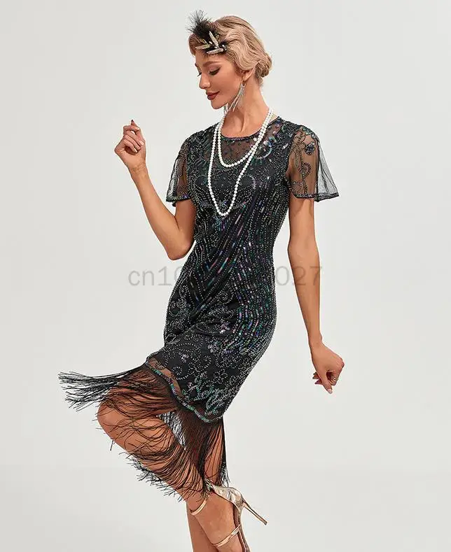 Abiti da Flapper medievali 1920s Gatsby - Roaring 20s abito con perline di paillettes abito con frange Vestidos De Mujer abbigliamento donna