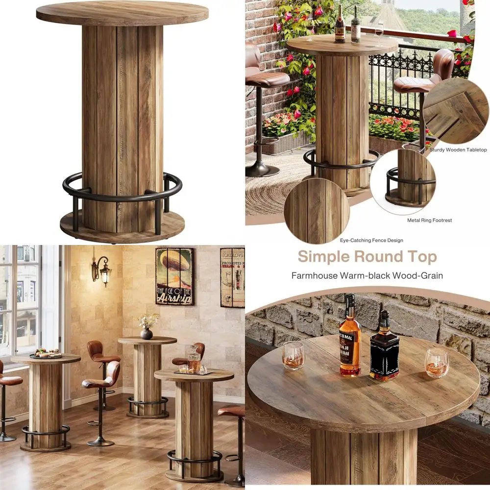 طاولة بيسترو خشبية عالية 39.4 مع قاعدة حلقية معدنية، مناسبة للحانة أو الطعام أو غرفة المعيشة، بني #1