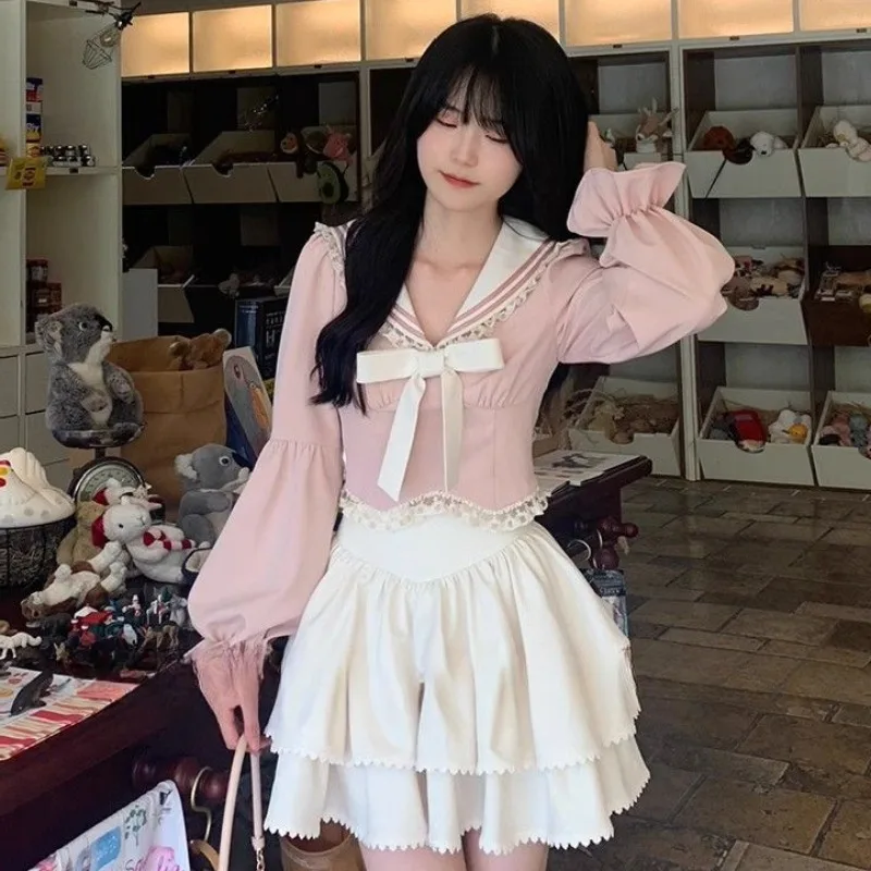 Women Sets Preppy Style Bow Long Sleeve Blouse Cake Puffy Skirt 2pcs Trendy Sweet Lovely Girls Spring Outfits Ulzzang Prevalent