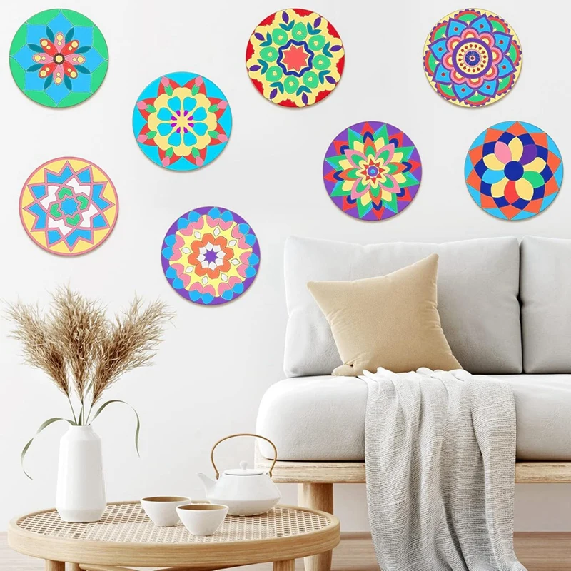 FBIL-22 Pcs Wooden Mandala Painting Set 10 Mandala Unfinished Wood Cutouts With 12 Markers For Crafts Mandala Wood Slices