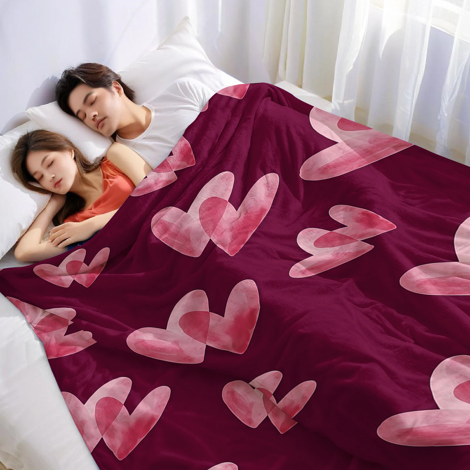 Watercolor Hearts Cartoon Anime Print Flannel Blanket Soft Warm Throw for Kids Bedroom Sofa Bed Christmas Office Car