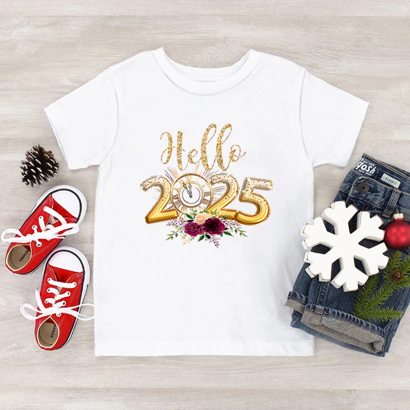 Happy New Year Print Kids T-shirts Summer Boys Girls Short Sleeve Hello 2025 Clock Pattern Tops New Year Christmas Gift Tshirts