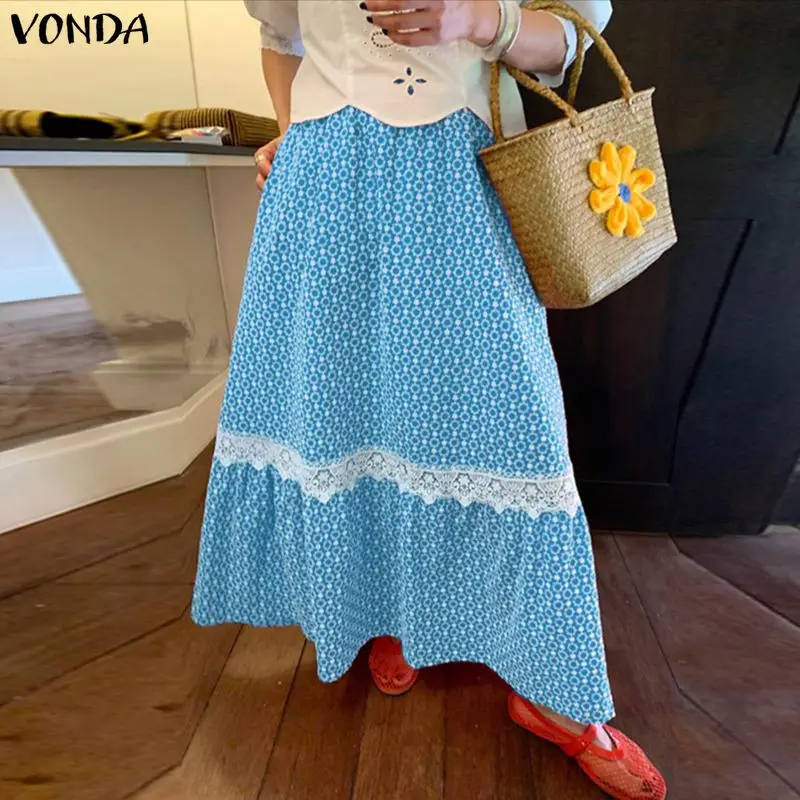 

Женские макси-юбки VONDA в богемном стиле, летние, с высокой талией, на резинке, с принтом, кружевными вставками, длинные, оверсайз