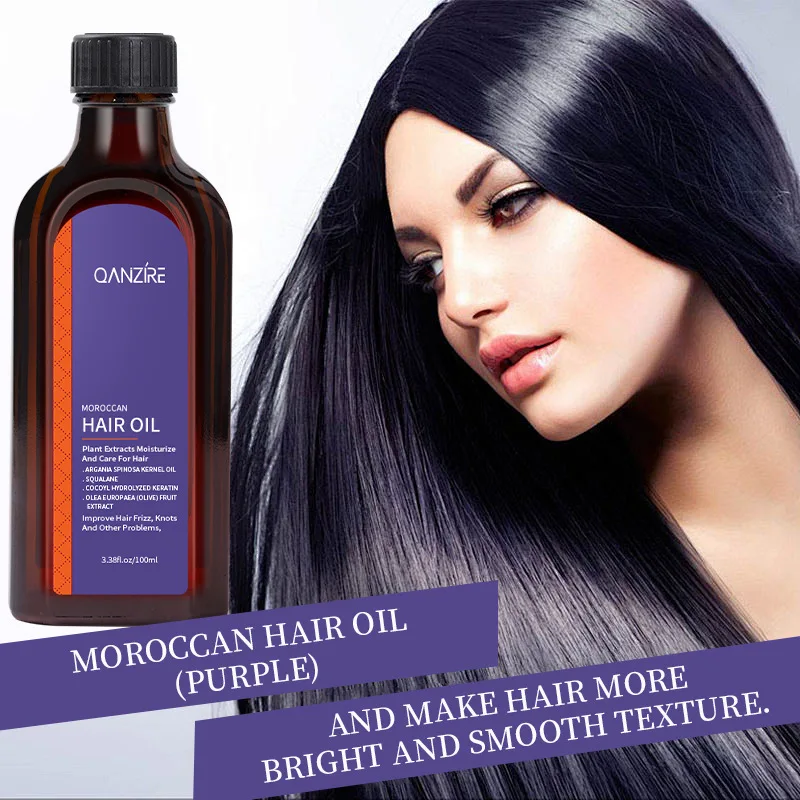 Aceite esencial para el cabello morado, mejora la sequedad, Frizz, división, mejora las raíces del cabello seco, tratamiento antiestático no graso, 100ML