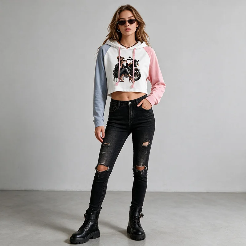 Retro Motorcycle Women Print Cropped T-shirt 90s Gothic Sexy Women's Outfit Long Sleeve Crop Tops Ladies T Shirt Clothes Female
