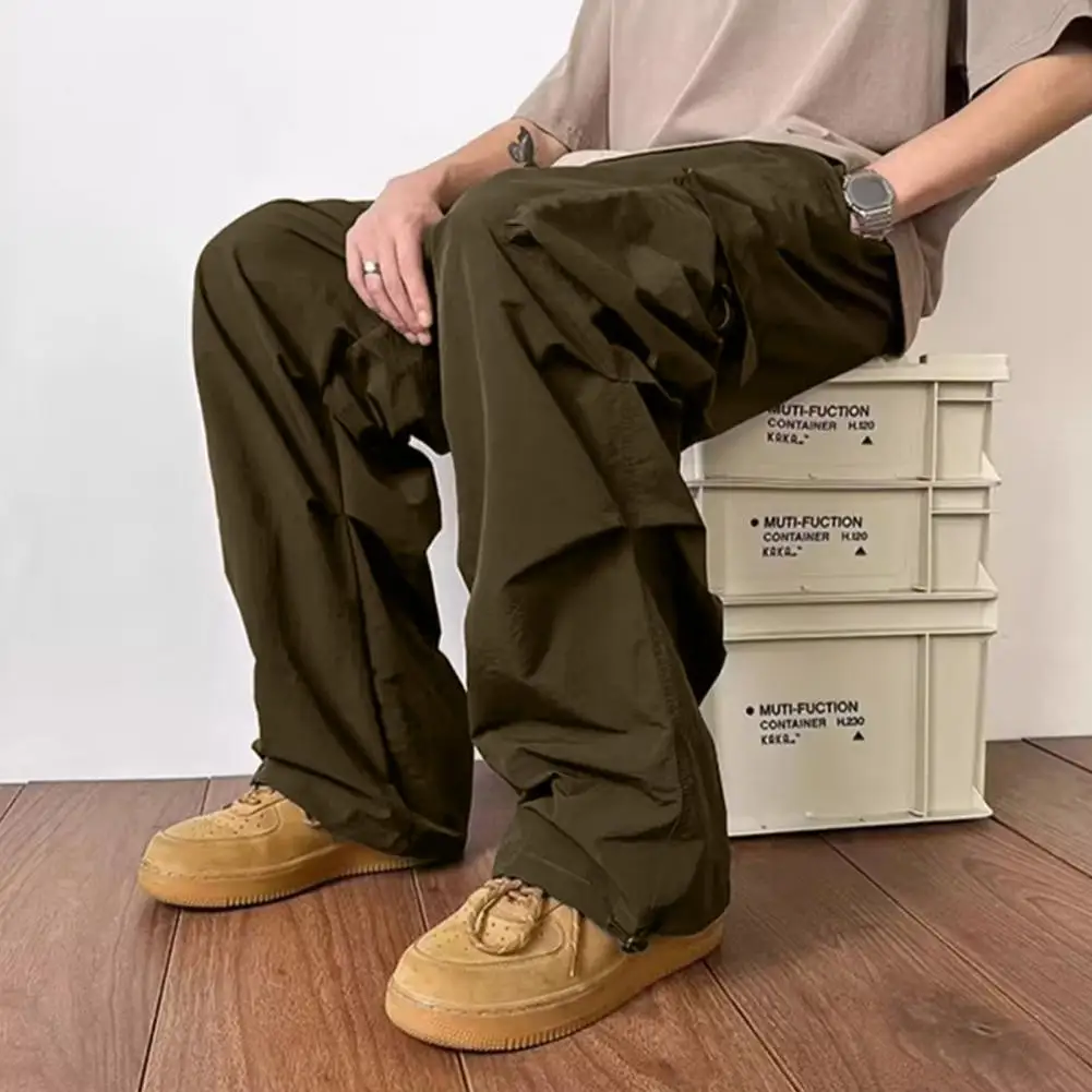 

Solid Color Pants Vintage Style Cargo Pants with Oversized Wide Legs Multiple Pockets for Men Soft Breathable High Street Hop