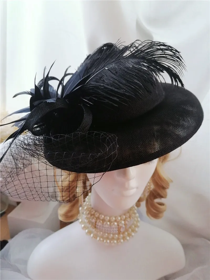 

Black Feather Women Evening Party Cap Victorian Cosplay Medieval Hats Vintage Girls Hats Bohemia Floral Mesh Chapeau