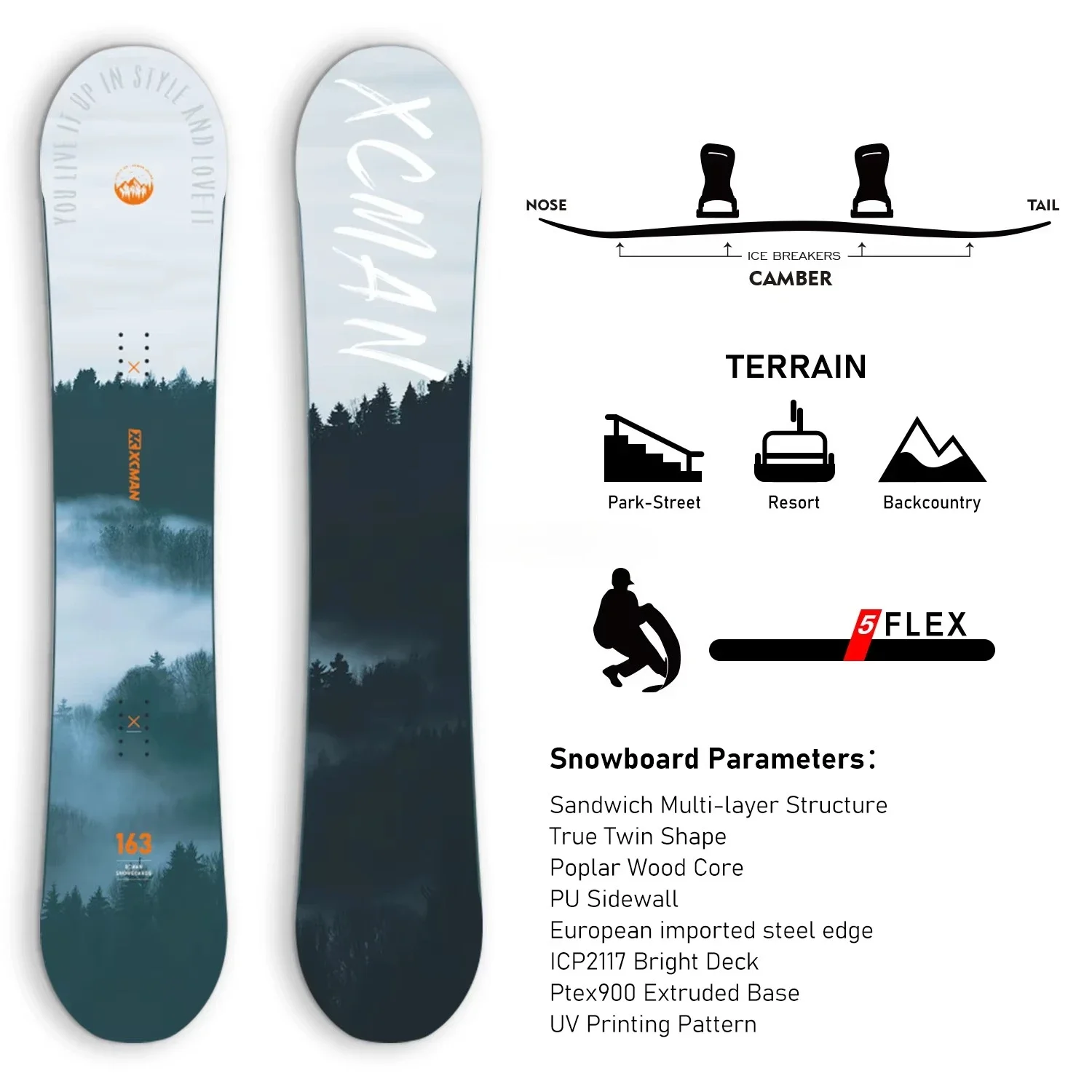 XCMAN Best Beginner Adults Camber True Twin Cloudy Forest Snowboard for All Terrain with Durable Construction 2025