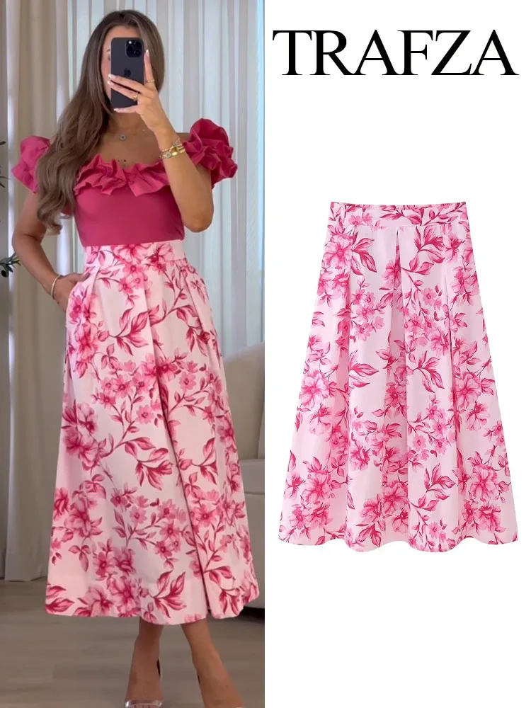 TRAFZA Women New Fashion High Waist Long Skirt Female Chic Vintage Floral Print Back Zipper Folds Decorate Slim Casual Skirt Y2K