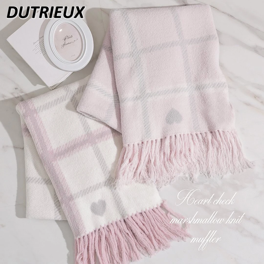 Japanese Autumn and Winter Models Mine Series Mass-produced Cute Plaid Love Knitted Wool Scarf Sweet Girl Versatile Scarfs