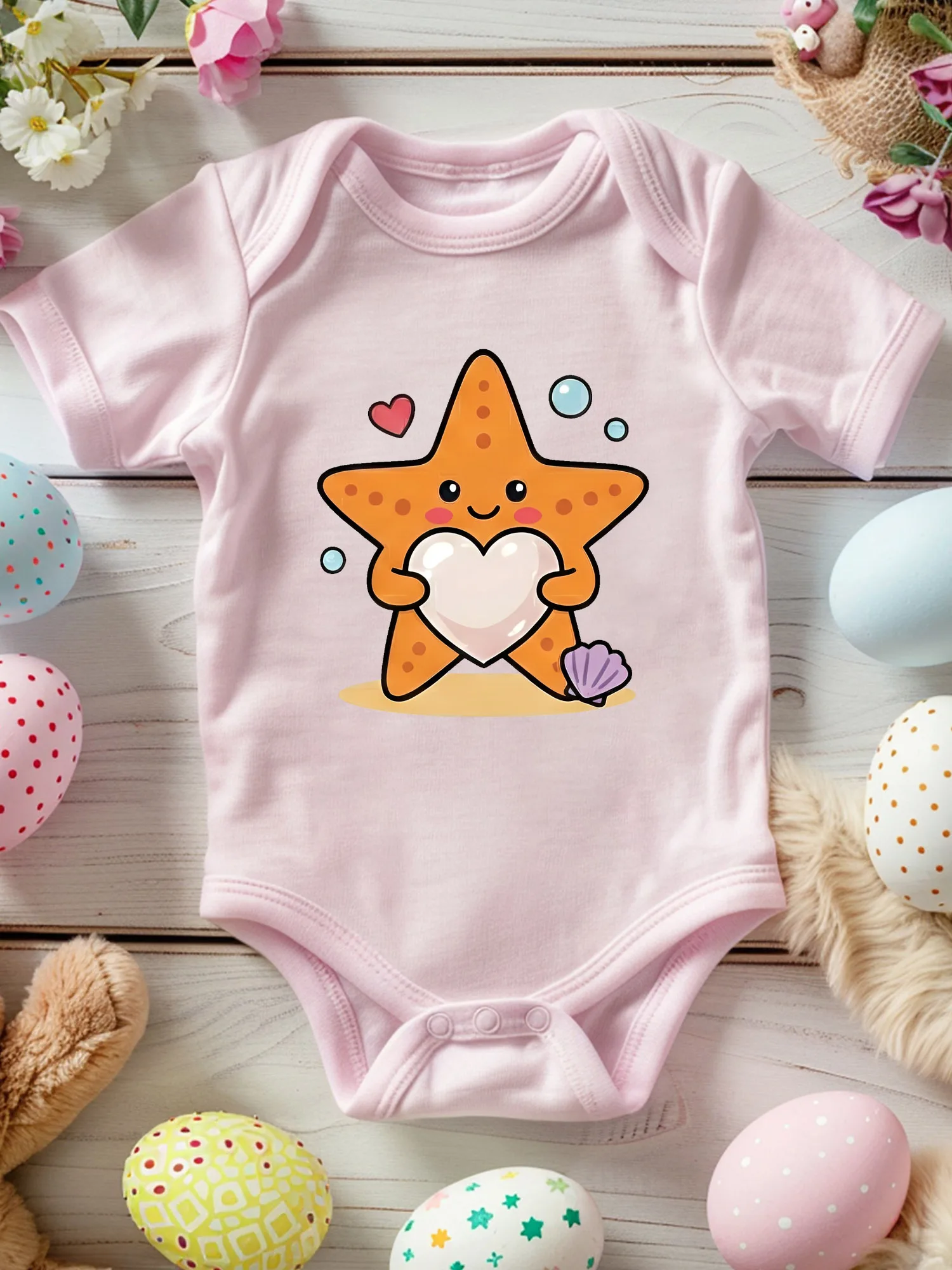 

Детский костюм унисекс с морской звездой и сердечком, мягкий комбинезон из 100% хлопка, всесезонное розовое боди 190GSM