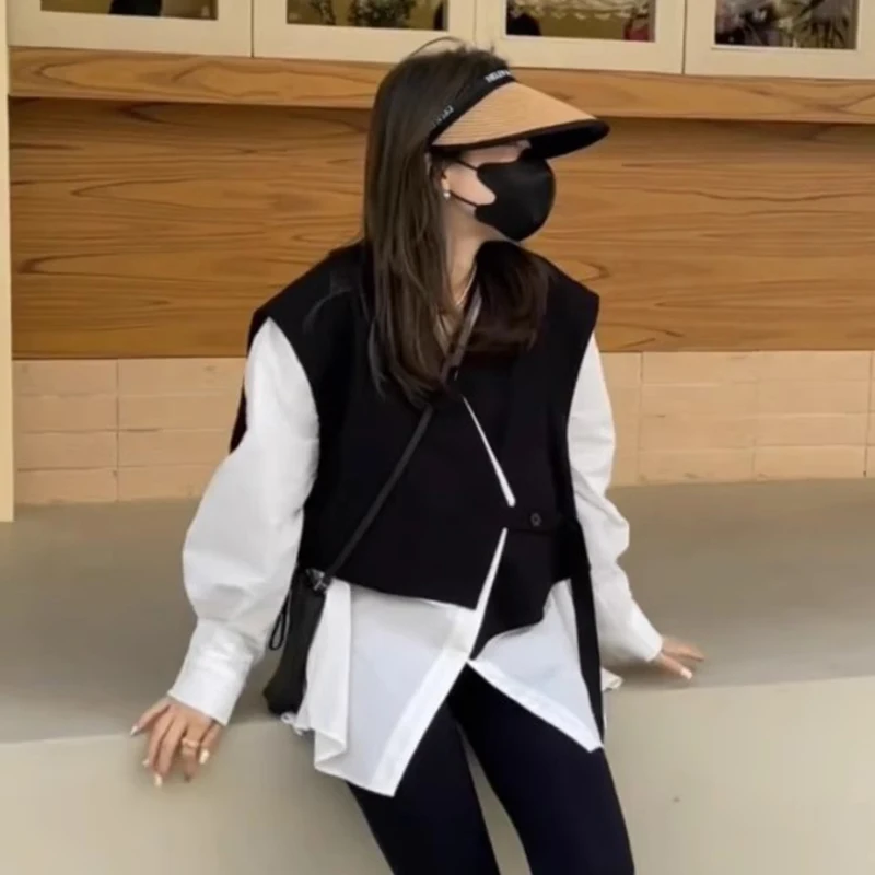 

Шикарный V-Ne Long Sve Свободный крой Цвет Blo irt Jaet Осенний дизайн Sense Повседневная универсальная верхняя одежда Корейский Sle