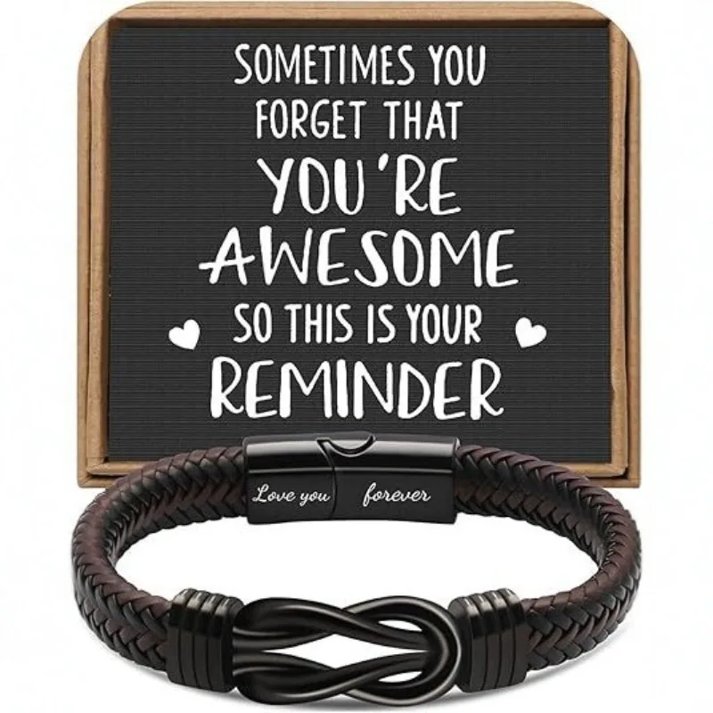  Knot Bracelet Gift for Men Brown Braided Leather Stainless Steel Infinity Bracelets Birthday Gift Valentine's Day Gift for Man