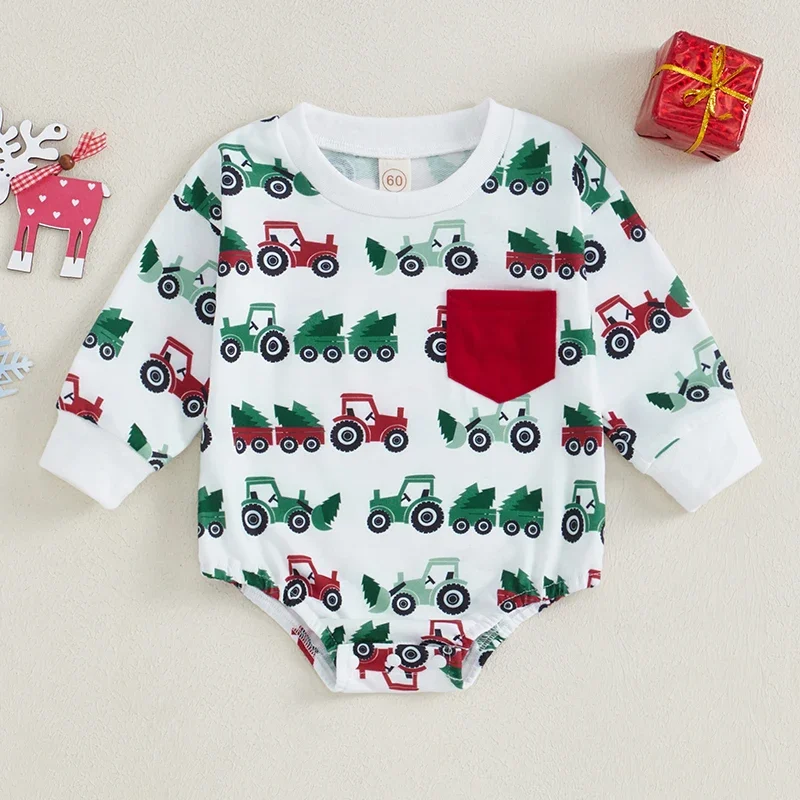 

Baby Boy Sweatshirt Romper Casual Christmas Tractor Print Long Sleeve Jumpsuit for Infant Toddler Fall Winter Outfit