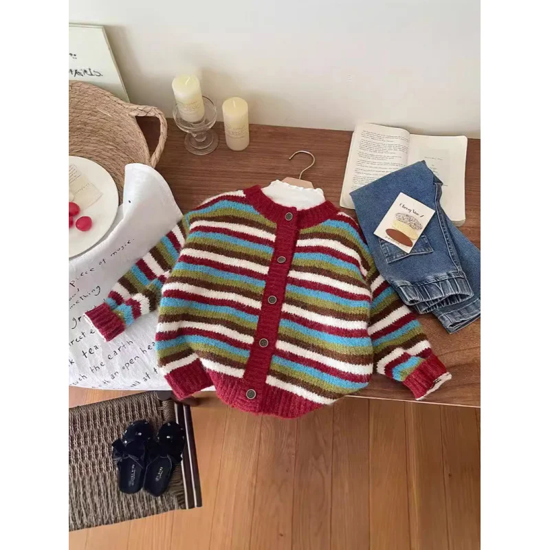 

Girls' Dopamine Color Stripes Sweater Cardigan Coat2024Autumn and Winter Contrast Color Striped Loose Knitted Top